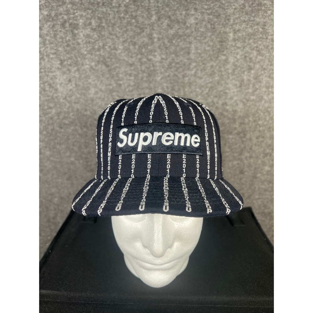 Supreme Text Stripe New Era Hat SS19 Navy Blue Box Logo Fitted Cap 7 1/8